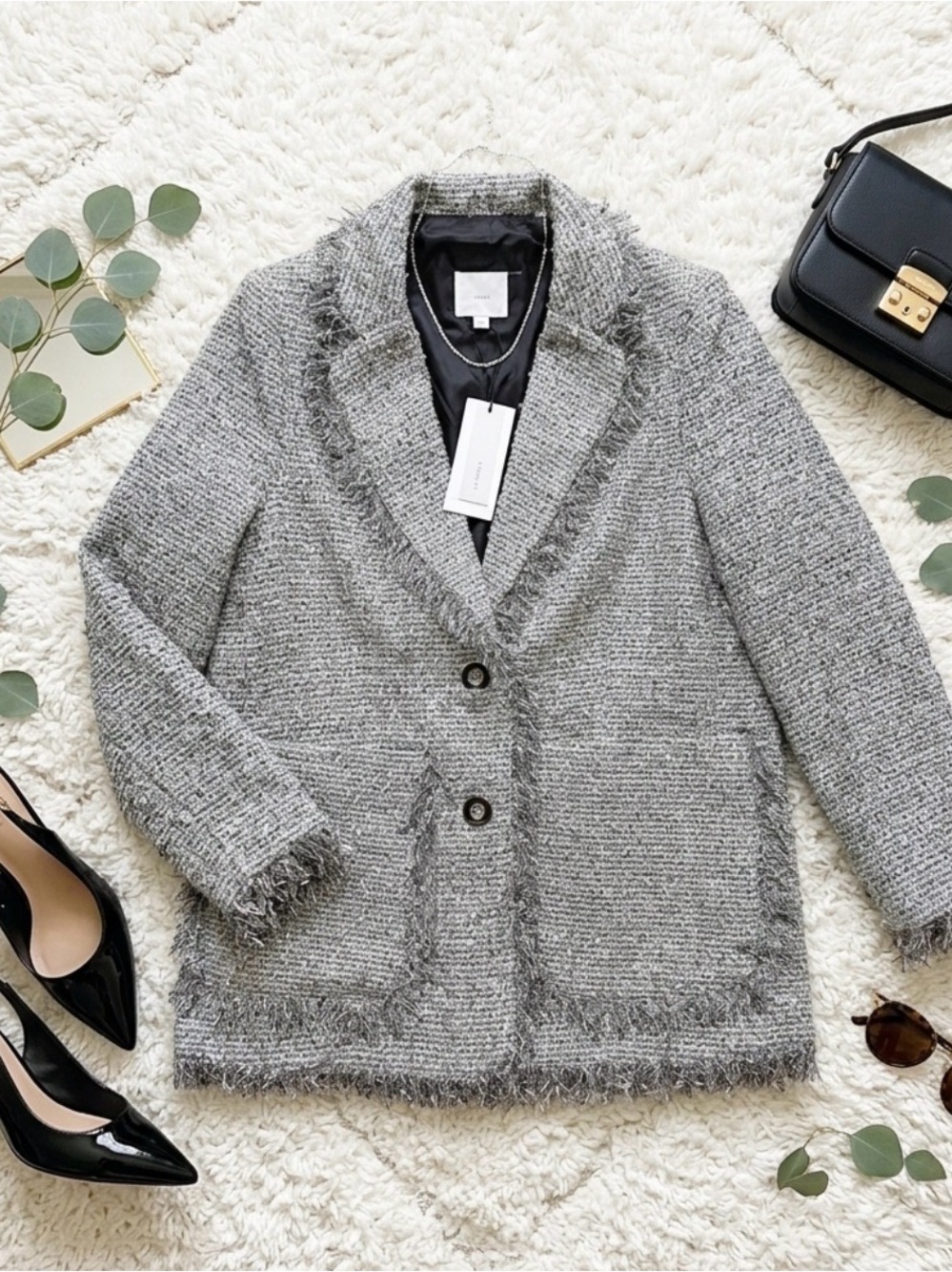 Frayed Edge Gray Bouclé Blazer Jacket
